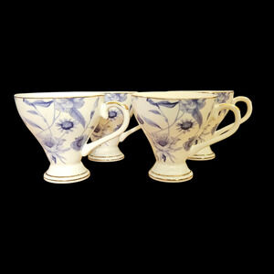 Vintage Blue Floral Footed Teacups Set of 4 White Porcelain Gold Trim Tea Coffee